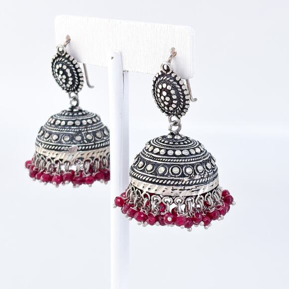 Vintage Silver Tone Red Glass Bead Indian Jhumka Earrings - Picture 3 of 7